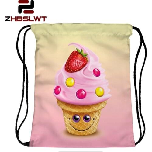 ZHBSLWT New Fashion Strawberry Ice Cream Drawstring Bag Women Backpack 3D Printing Travel Softback Women Mochila -054