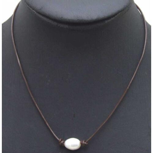 SALE Big 10-11mm White Rice Natural Freshwater Pearl Necklace 18" with brown Genuine Leather-5895 Wholesale/retail Free ship