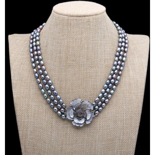Hand knotted 3 rows black rice freshwater pearl necklace delicate shell carving flowers fashion jewelry