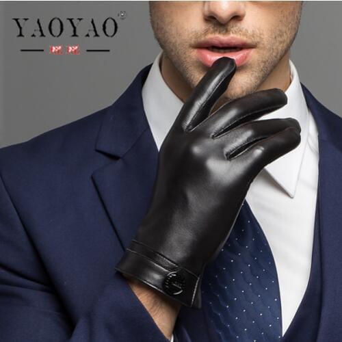 YY8101 LUXURY Man Genuine Leather Button Black Thick/Thin Gloves Male Commercial Business meeting MC Host Driving Suede Luvas