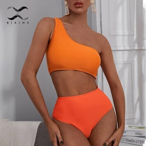 Sexy one shoulder swimsuit one piece Color block swimwear women monokini High waist orange bodysuit one piece suit Beach wear XL