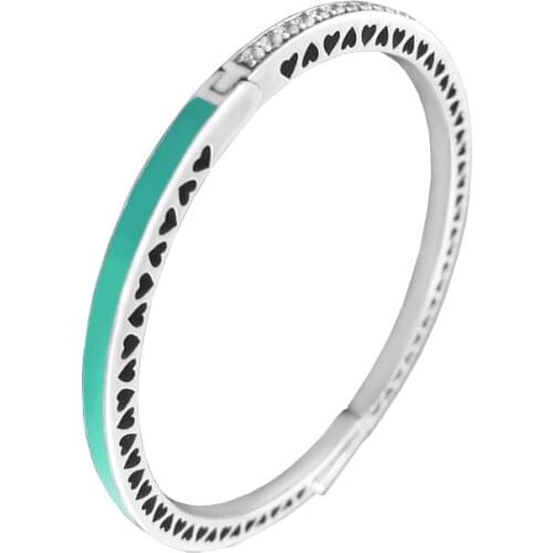 Radiant Hearts Silver Bangles with Bright Mint Enamel & Clear CZ Bangle Bracelets 100% 925 Sterling Silver Jewelry For Women