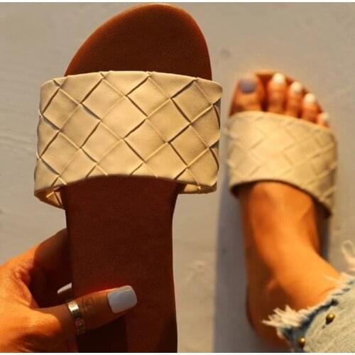 2021 Open Toe Slippers Flat Heel Women Weave Slides Shoes Summer Outdoor Beach Sandal Slipper Female Slip On Flip Flop Fashion