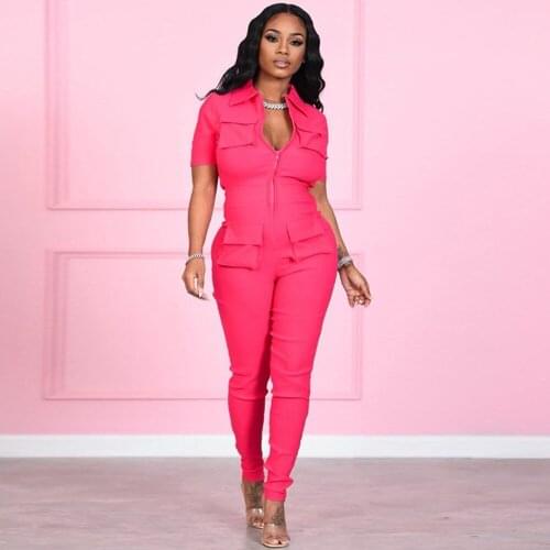 Turn Down Collar Short Sleeve One Piece Overall Women Zipper Front Pockets Sportswear Romper Hipster Solid Bodycon Jumpsuits