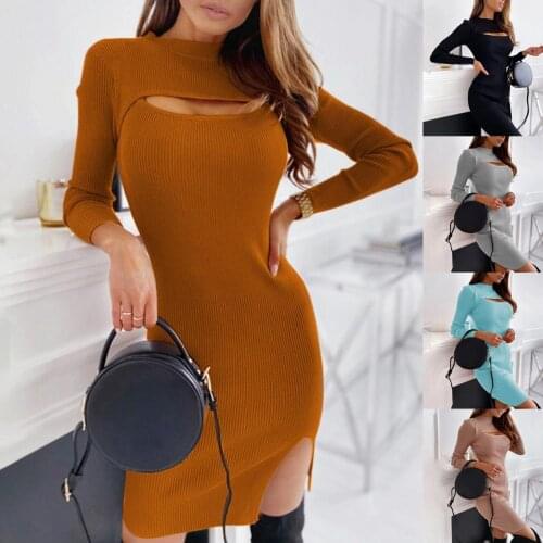 Sexy Women Dress Slim Fit Solid Color Bodycon Dress Slit Hollow Out O Neck Sheath Dress for Club