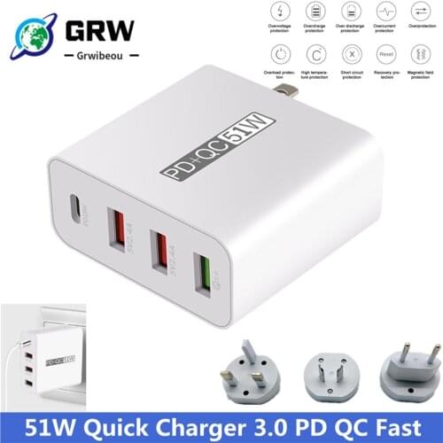 Grwibeou Universal 51W PD QC 3.0 4.0 USB adapter wall Quick charger for Iphone Samsug Huawei EU Plug Mobile Phone Fast charging