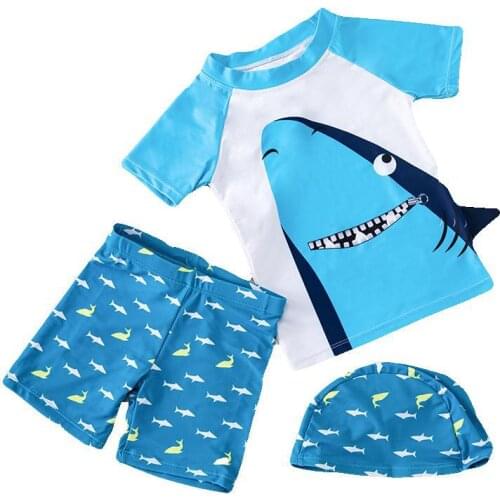 Top-Quality Children Boy Swimwear 2 Pieces Swim Suit With Cap Baby Short Sleeve Sun-proof Beachwear Kids Boys Swimsuits Clothes