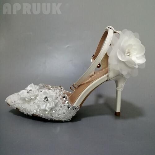 Wedding shoes summer 10cm thin high heels point toes ankle strap bridal ladies lace flower proms dress summer pumps shoe woman