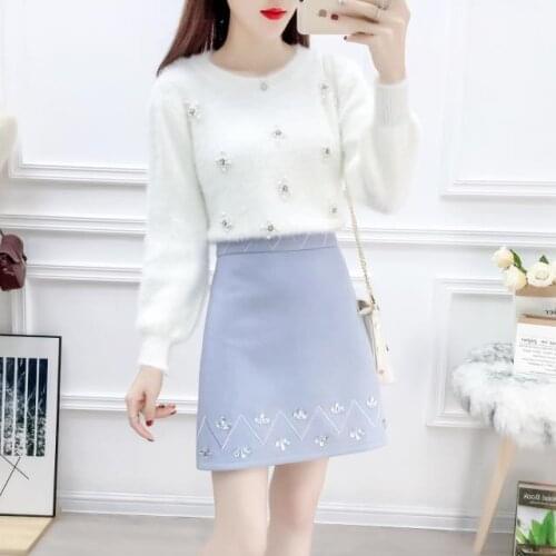 Women 2021 Autumn Winter New Fashion 2 Piece Sets Female Solid Color Sweater Warm Tops Ladies Woolen Short Skirt Suits Q209