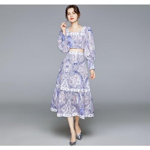 Vintage Fashion 2-Piece Set Women Lantern Sleeve Short Shirt Top + Elegant High Waist A-Line Skirt Summer Casual Lady Print Suit