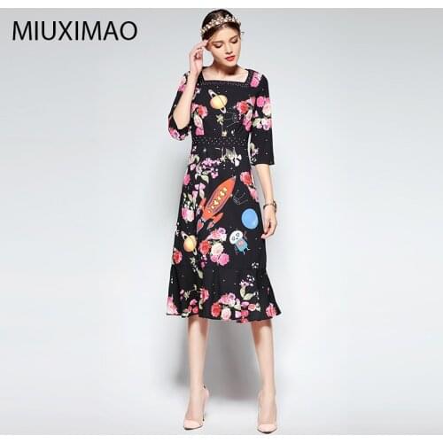 2018 Spring&Fall Newest Cute Style Dress Long Sleeve Square Collar Trumpet Fishtail Diamonds Print Rocket Long Dress Women