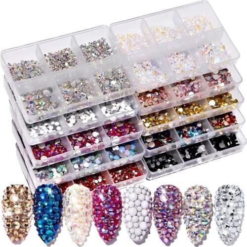 6 Box Multi Size Glass Nail Rhinestones Mixed Colors Flat-back AB Crystal Strass 3D Charm Gems DIY Manicure Nail Art Decorations