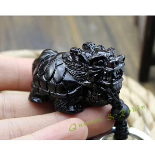 Black Wood Three Dimensional Hand Carved Chinese Dragon Turtle Pendant Key Chain