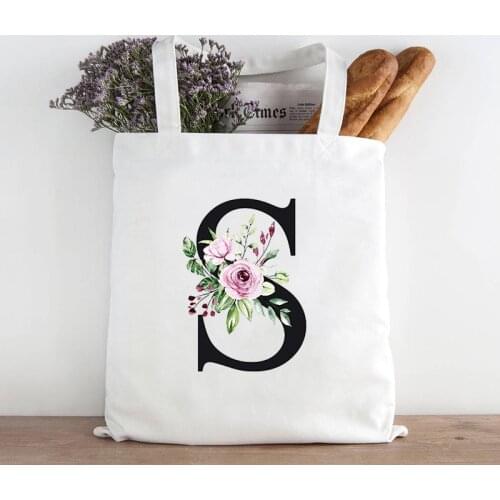 Ladies Handbags Canvas Tote Bag Floral Letters Pattern Shopping Bags Women Eco Reusable Shoulder Shopper Bags Travel