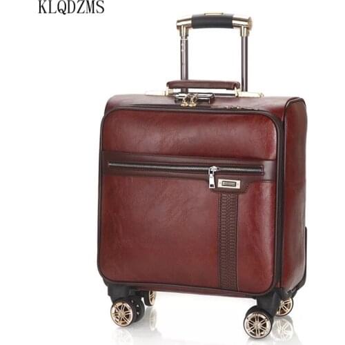 KLQDZMS Vintage PU Leather Womans Advanced Design Rolling Luggage Travel Bag 18 Inch Mens Personalized Suitcase On Wheels