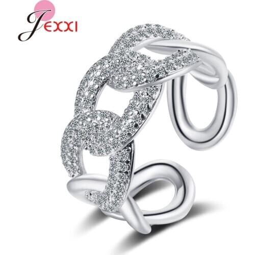 100% Pure 925 Sterling Silver Clear CZ Chain Ring Finger Rings for Women Girls Bridal Engagement Wedding Statement Jewelry