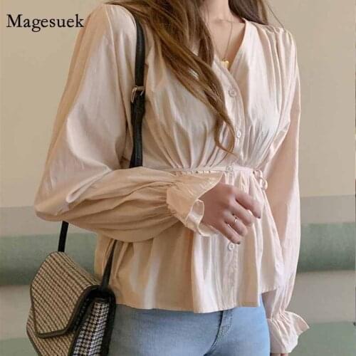 Solid Vintage Long Sleeve Thin Women Blouses Cardigan Slim Fit Button Shirts V-neck French Waist Tie Chiffon Shirt Blusas 11697