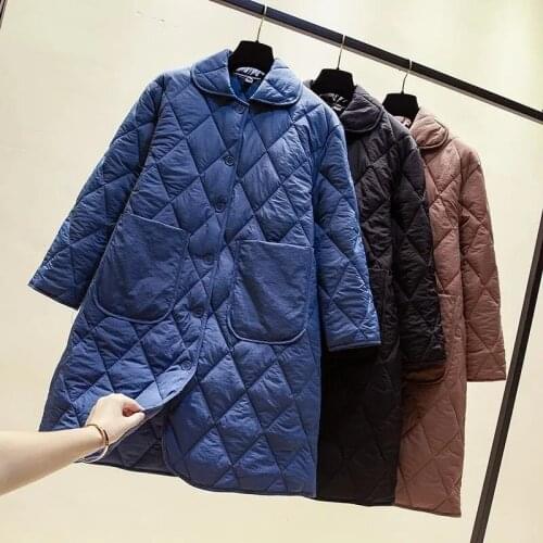 Thick Cotton Coat Winter Plus Size Womens Korean Casual Long Thin Loose Parka Jacket Shirt Big Pocket Blue Outerwear Female
