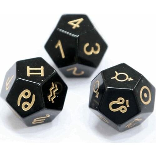 Natural Obsidian Gemstone Divination D12 Dice Handmade Constellation Symbol Tarot Dice Zodiac Sign Planet Astrology Dice Custom
