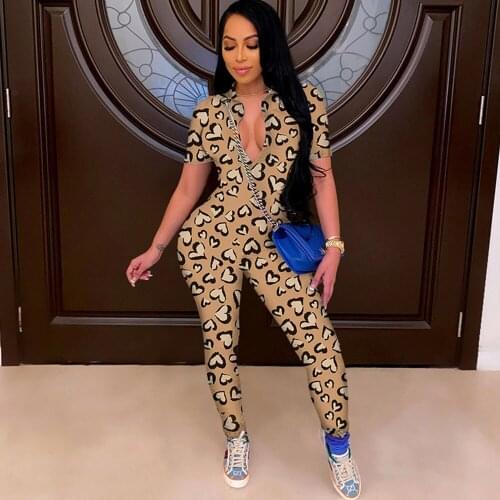 Print Sexy Short Sleeve Bodycon Jumpsuit Rompers Women Overalls 2021 V-neck Casual Streetwear One Piece Jumpsuit Active Wear