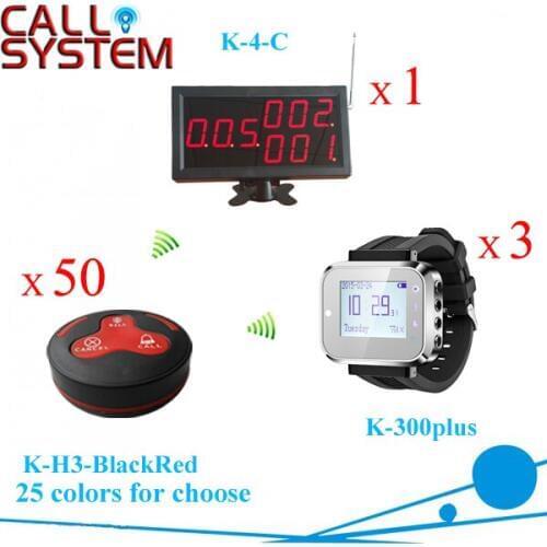 Calling System for restaurant 1 cashier board screen 3 waiter pager 50 table buzzers wireless equipment