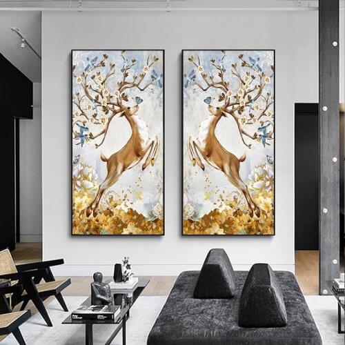 Nordic Modern Decoration Wealth Deer Vertical Corridor Canvas Oil Painting Wall Art Posters Prints Living Room Home Porch Decor