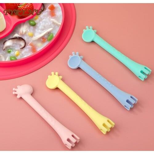 TYRY.HU Silicone Spoon Giraffe Teether Feeder Fork Two In One Safety Tableware Infant Learning Spoons Teether Utensil BPA Free