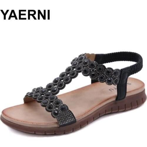 YAERNI Bohemian Summer Shoes Sweet Womens Sandals High Quality Rhinestones Casual Plus Size 36-41 Flats Beach Shoes Sandalias