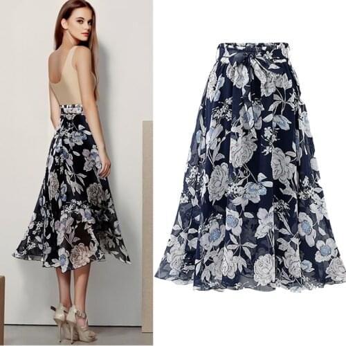 Chiffon Print Vintage Skirts Women Summer Spring Korean Fashion Midi Skirt High Waist Skirt Womens Chiffon Faldas Largas