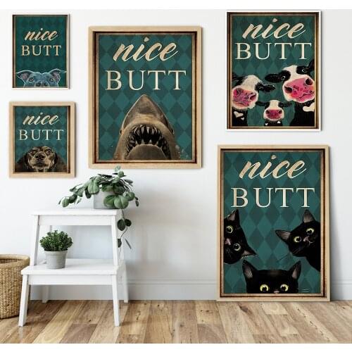 Funny Bathroom Retro Posters and Prints Nice Butt Black Cat Shark Cows Dog Vintage Canvas Painting for Room Home Decoration