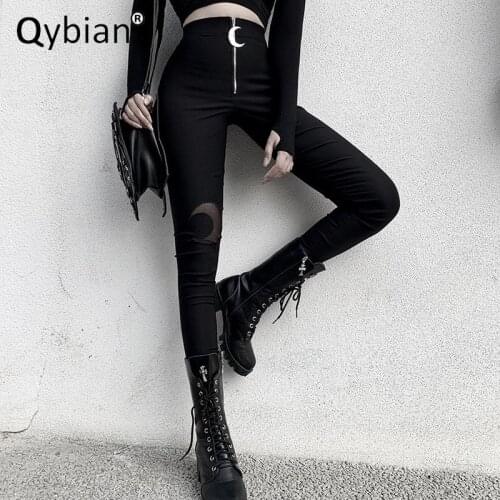 2021 Winter New Crescent Zipper High Waist Pants Women Gothic Punk Harajuku Casual Black Leggings Trousers Women