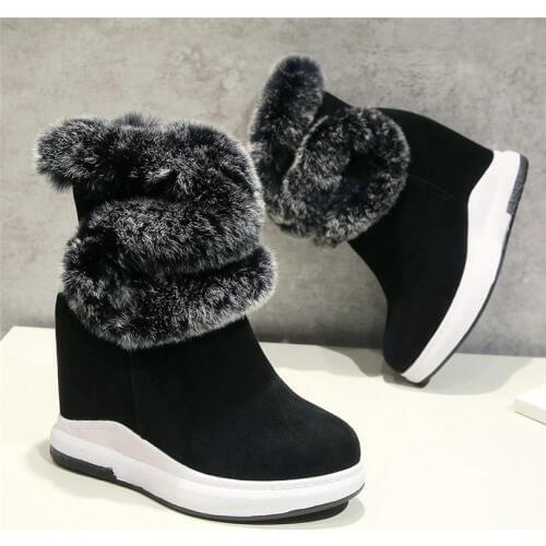 Winter Sneakers Women Cow Leather Wedges High Heel Ankle Boots Female Round Toe Platform Pumps Shoes Warm Rabbit Fur Snow Boots