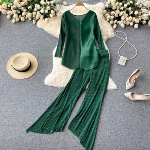 Summer Womens Blue Pleated Pants Set Ladies Two-Piece Set Long Sleeve V-Neck Top Loose Wide Leg Pants Solid Female Outfit