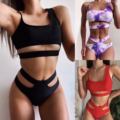 2020 swimwear women Bikini with asymmetric shoulder straps Purple tie-dye Biquini High waist cutout Bathing Suit