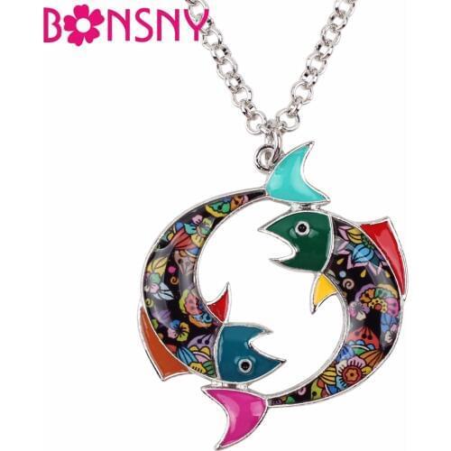 Bonsny Maxi Statement Metal Alloy Lucky Zodiac Pisces Necklace Chain Choker Pendant Fashion The Fishes Enamel Jewelry For Women