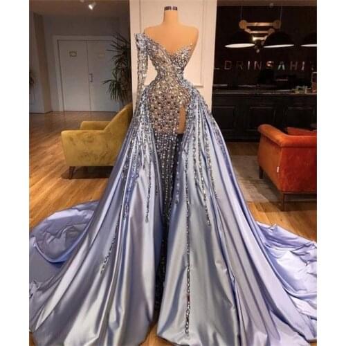 Light Blue Mermaid 2021 Prom Dresses With Detachable Train Beaded High Side Split One Shoulder Long Sleeve Evening Dress