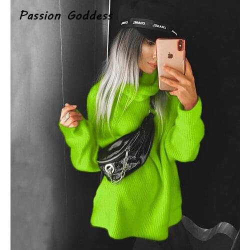 Winter Women Fluorescent Color Warm Sweaters Long Sleeve Jumper Loose Turtleneck Knitted Sweaters Pullover Sueter Mujer Invierno