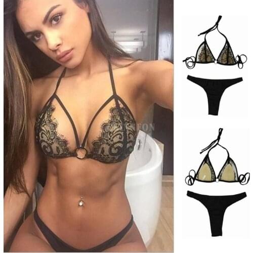 100Pcs/Lot Women Fashion Halter Black Lace Bikini Push Up Bra Sexy Lace Lingerie Set