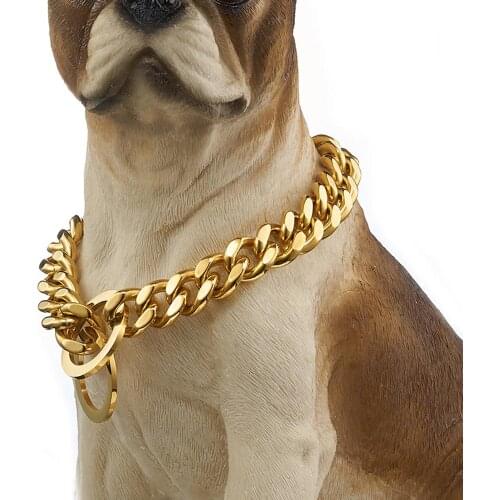 12/15MM Fashion Gold Dog Heavy Duty Choker Cuban Chain Dog Collar Strong Stainless Steel Links Slip Chain Training Collar 12-32"