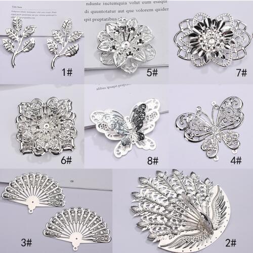 12pc/lots Metal Filigree Decoration Flowers Butterfly Leaf Fan Peacock Hair Jewelry Crafts Embellishment Findings Silver Plated