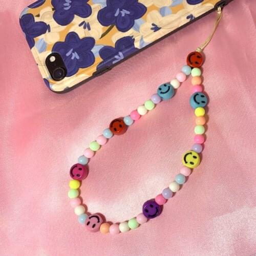 2000s Aesthetic Beads Rainbow Smiley Phone Chain Y2k Accessories Vintage Harajuku INS Keychain Charm Egirl Fashion Friends Gifts