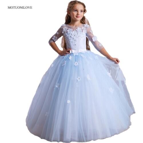 2020 Vintage Flower Girl Dresses Children Baptism Clothes With 3/4 Long Sleeves Ball Gowns Birthday Party Dress Pageant Dresses