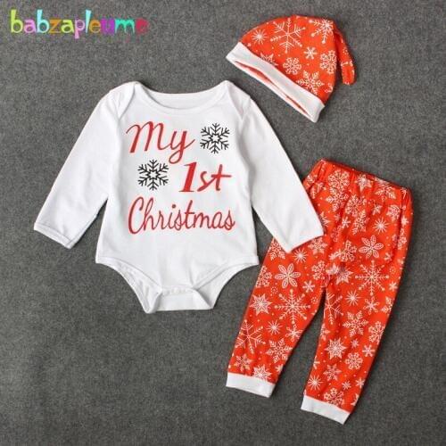 3Piece/My First Christmas Outfits For Baby Girls Clothes Cute Letter Long Sleeve Bodysuit+Pants+Hats Newborn Clothing Set BC1259