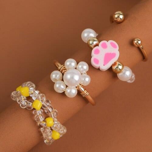 4Pcs/set Cute Flower Paw Midi Finger Rings Sets for Women Boho Pearl Resin Beads Handmade Wedding Promise Ring Valentines Day