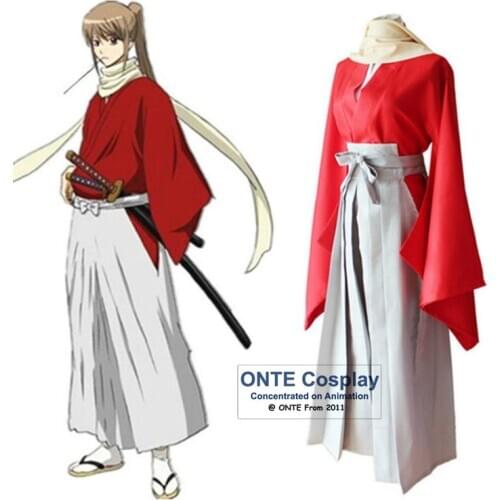Anime GINTAMA Okita Sougo Cosplay Costumes Japan Red Kimono Clothes + Scarf for Halloween
