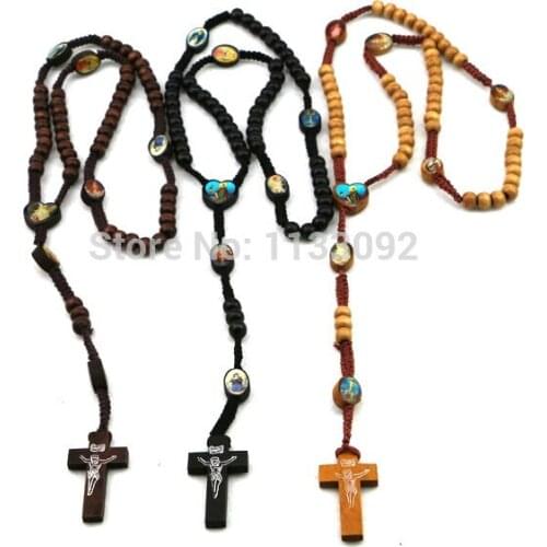 Free ePacket 36pcs/lot 3colors Catholic Christ Rosary Wooden Beads Rosary Necklace with Wood Cross