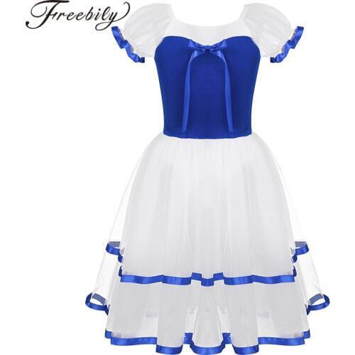 Kids Openwork Velvet Bodice Professional Ballet Tutu Dress Puff Sleeve Ballet Dance Girls Gymnastics Leotard Long Dance Dress