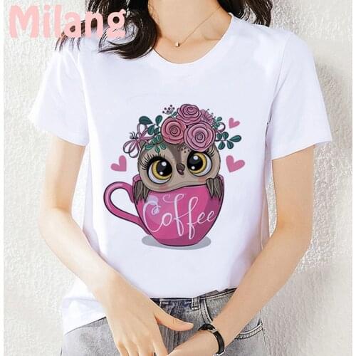 2021 Summer New Womens T-shirt Fashion Cute Owl Printed Ladies Tshirt Harajuku Short Sleeve White Large Size Top Female T Shirt