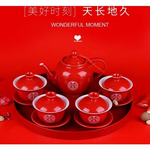 Chinese wedding red tea pot cup a pair red ceramic teacup teapot tray bowl spoon chopsticks set happy wedding teaware