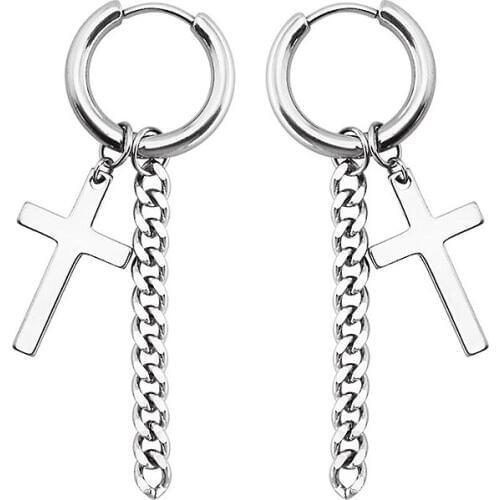 Cool Punk Rock Style Unisex Titanium Steel Cross Pendant Earrings Mens Jewelry Long Chain Tassel Earrings Jewelry For Women Men